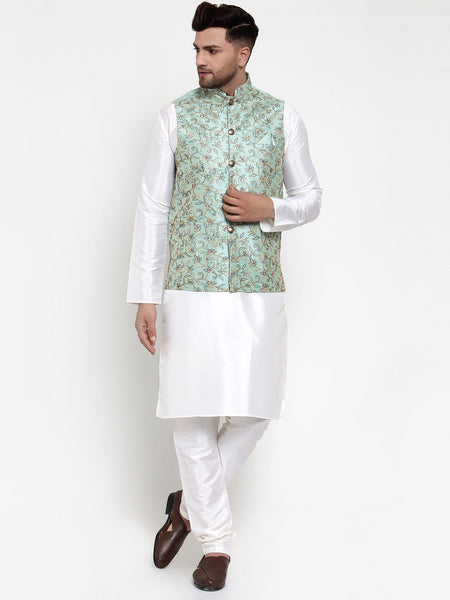 Jompers Men's Solid Dupion Kurta Pajama with Woven Nehru Jacket Sky (JOKPWC_OW-D_4013Sky)