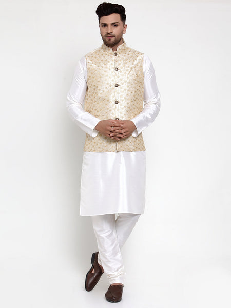 Jompers Men Solid Dupion Kurta Pajama with Embroidered Nehru Jacket (Cream)