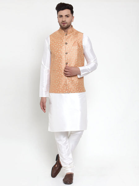 Jompers Men's Solid Dupion Kurta Pajama with Embroidered Nehru Jacket (Peach)