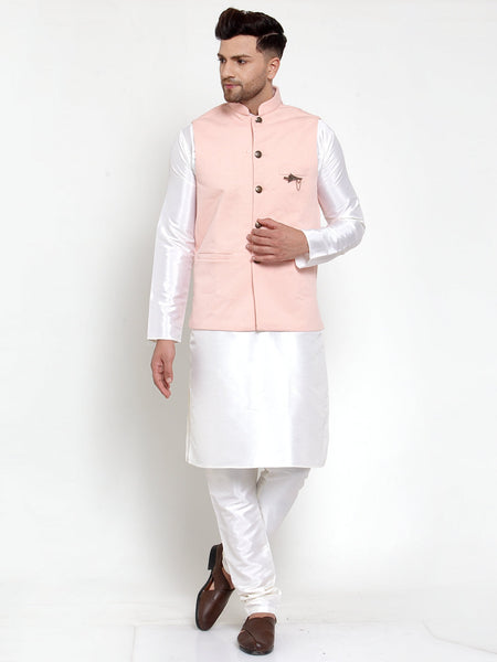 Jompers Men Solid Dupion Kurta Pajama with Woven Nehru Jacket (Peach)