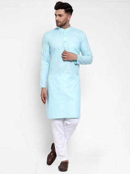 Jompers Men Sky-Blue & White Solid Kurta with Churidar