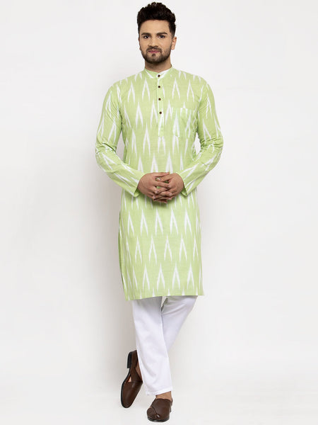Jompers Men Lime Green Woven Design Ikkat Straight Kurta with Churidar