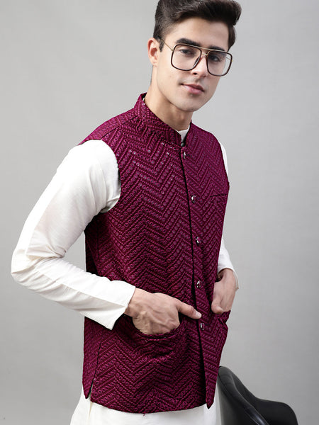 Jompers Men's Sequins Embroidered Rayon Nehru Jacket - Purple