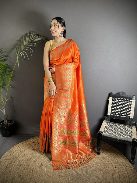 Joban Fashion Orange Soft Lichi Silk Multicolour Minakari Weaving Saree