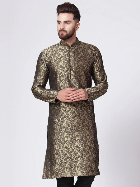 Jompers Men's Golden & Black Self Design Kurta Only