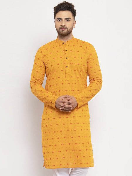 Jompers Men Yellow & White Cotton Printed Kurta Only