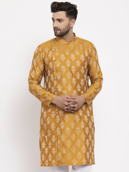 Jompers Men Mustard Yellow & White Jacquard Kurta Only