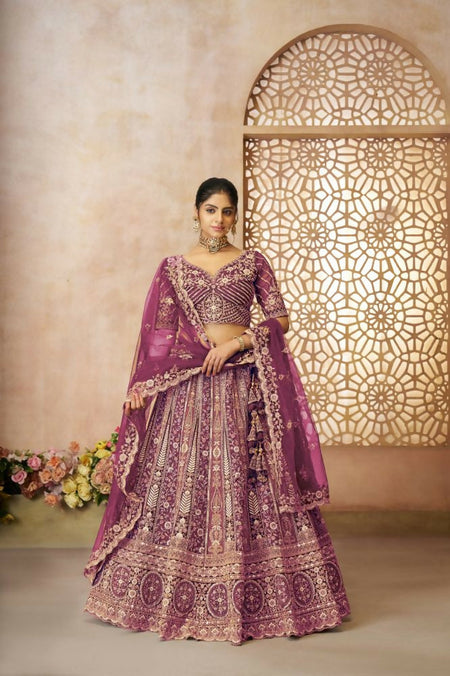 Kesar Fab Dark-Purple Net Hand_Woven Lehenga