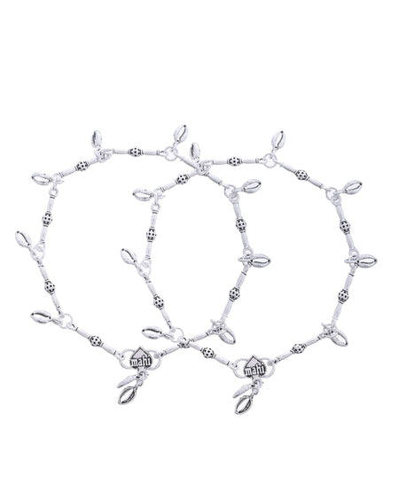 Jewels Nest Oxidized Silver-Toned Tribal Barrel Charm Anklet ā Set of 2