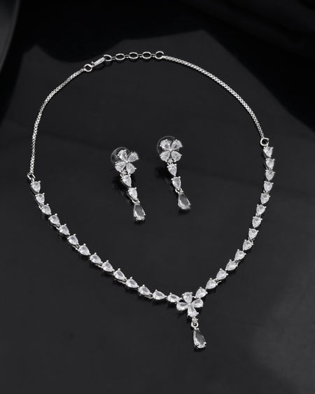 Jewels Nest Classic Diamond-Style Floral Necklace Set With Drop Earrings