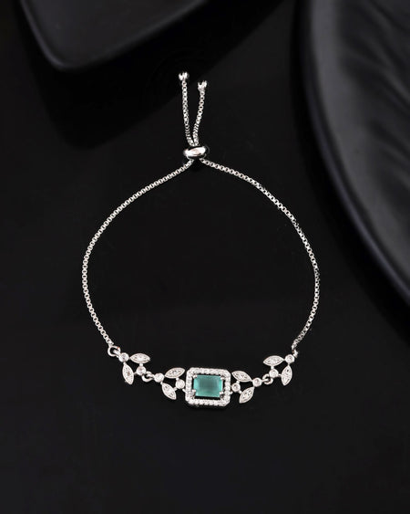 Jewels Nest Silver Plated Green Stone Adjustable Bracelet With Leaf Cz Design