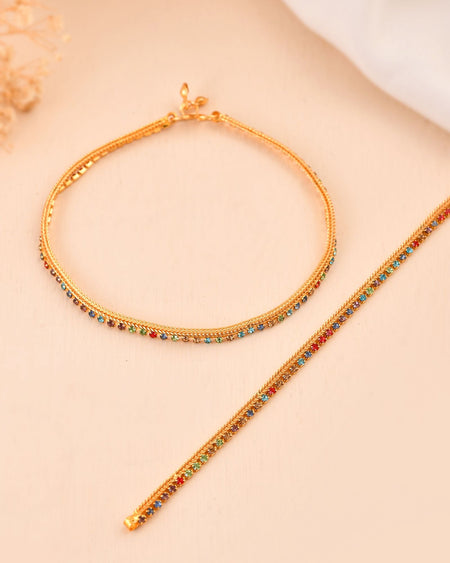 Jewels Nest Gold Plated Multicolor Stone Chain Anklet For Women