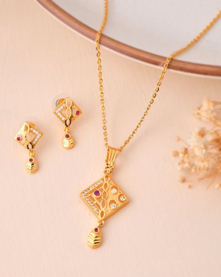 Jewels Nest Gold-Plated Square Pendant Necklace Set With Matching Earrings For Women