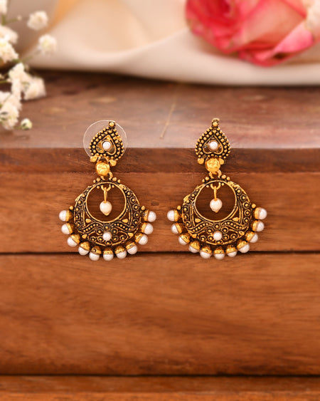 Jewels Nest Gold-Tone Oxidised Pearl Drop Chandbali Earrings