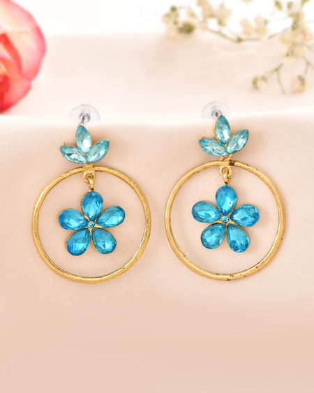 Jewels Nest Gold-Tone Blue Crystal Floral Hoop Earrings For Women