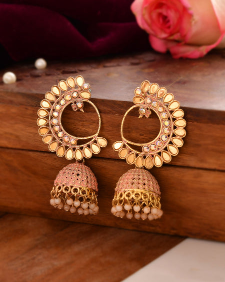 Jewels Nest Gold Plated Kundan Style Pink Jhumka Earrings With Pearl Bead Drops For Women