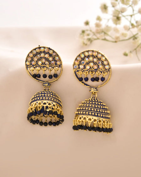 Jewels Nest Gold Plated Kundan Dark Blue Dome Jhumka Earrings With Beads For Women