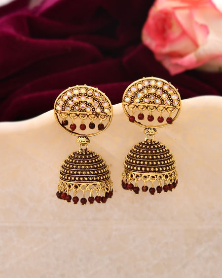Jewels Nest Gold Plated Kundan Studded Maroon Bead Jhumka Earrings For Women