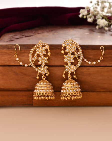 Jewels Nest Gold-Tone Kundan Ear Cuff Jhumka Earrings With Pearl Chain