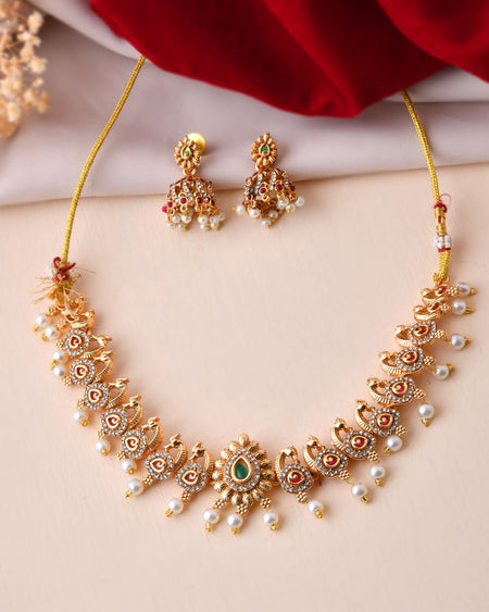 Jewels Nest Gold-Tone Temple Style Necklace With Red Green Stones And Pearl Drop Jhumka Earrings