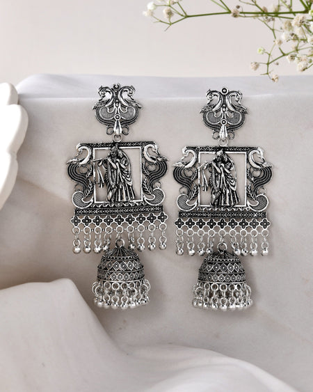 Jewels Nest Antique Silver Temple Jhumka Earrings with Intricate Detailing