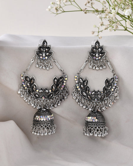 Jewels Nest Boho Floral Jhumka Earrings with Iridescent Stones