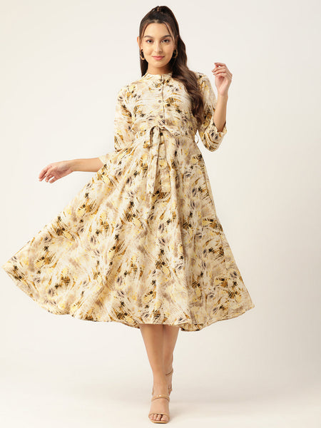 Jainish Women's Abstract Printed Crepe Shirt Collar Maxi Dress with Belt - Cream
