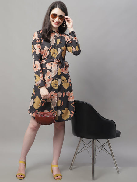 Jainish Women's Black Printed A-Line Dresses With Belt