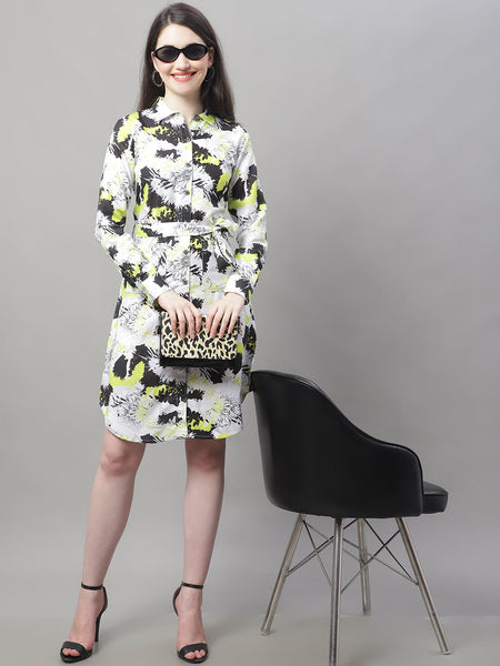 Jainish Women's White Printed A-Line Dresses With Belt