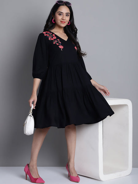 Jainish Women's WoBlack Floral Embroidered A-line Dress