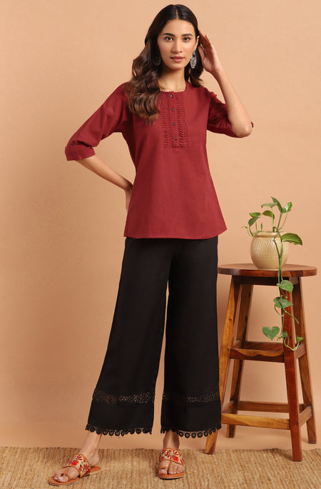 Janasya Women's Maroon Cotton Slub Solid Regular Top