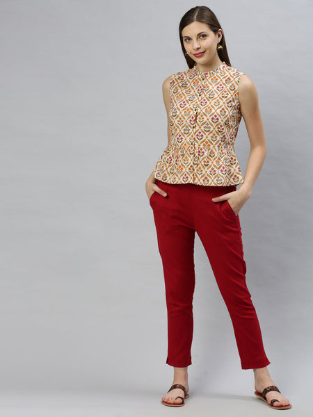 Janasya Women's Cream Cotton Floral Print Designer Back Top