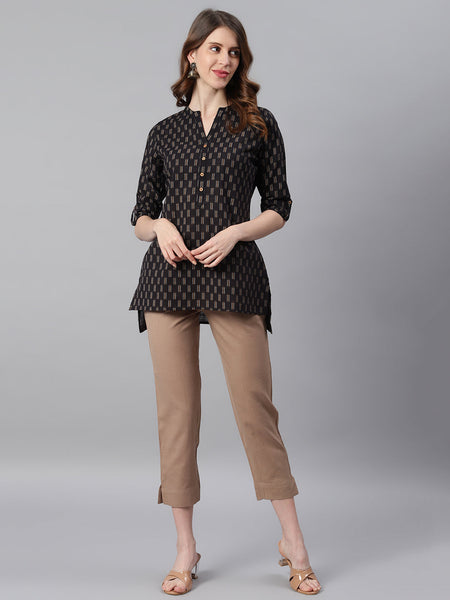 Janasya Women's Black Cotton Slub Geometric Print Straight Tunic