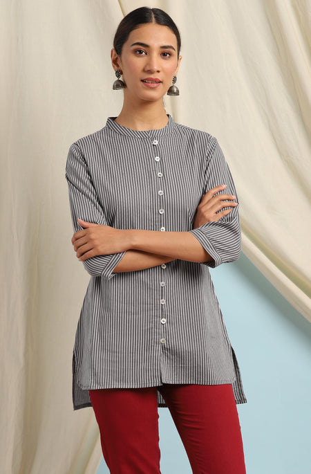 Janasya Women's Grey Cotton Striped High Low Tunic