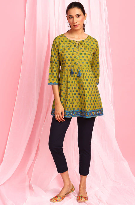Janasya Women's Green Cotton Ethnic Motifs Empire Waist Tunic