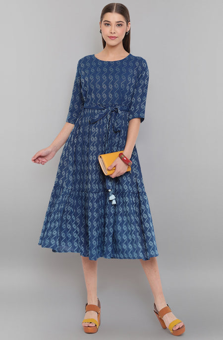 Janasya Blue Cotton Woven Design Flared Casual Dress