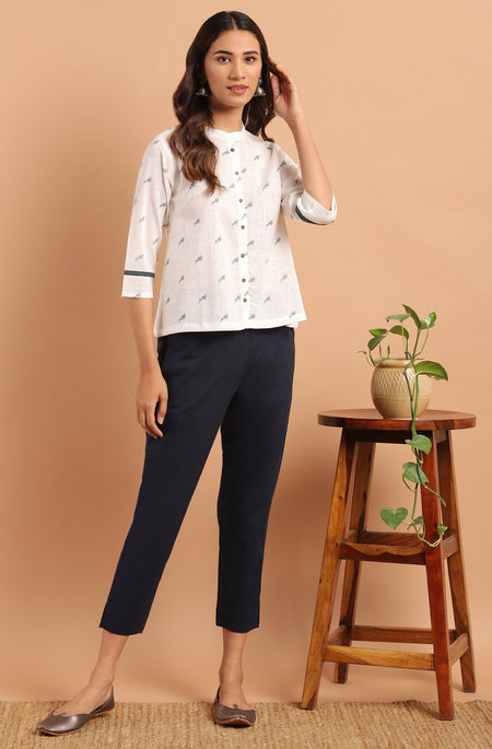 Janasya Women's Off White Cotton Slub Animal Print Shirt Style Top