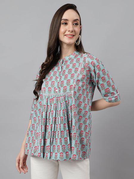 Janasya Women's Aqua Blue Cotton Floral Print A-Line Top