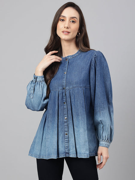 Janasya Women's Blue Denim Faded Flared Top