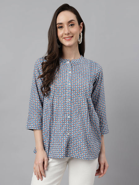 Janasya Women's Blue Cotton Printed Casual Regular Top