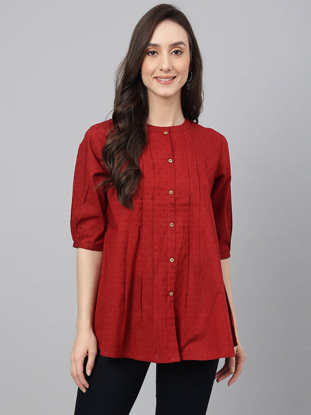 Janasya Women's Maroon Cotton Dobby Solid Flared Top