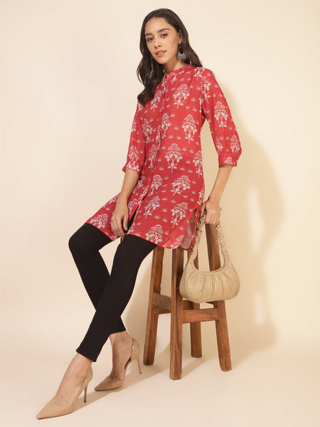 Janasya Women's Red Georgette Floral Printed Casual Tunic