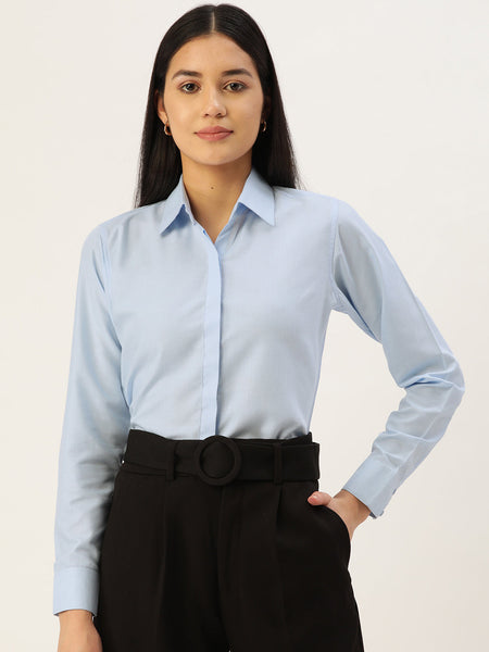Jainish Women's Blue Solid Shirt Style Top
