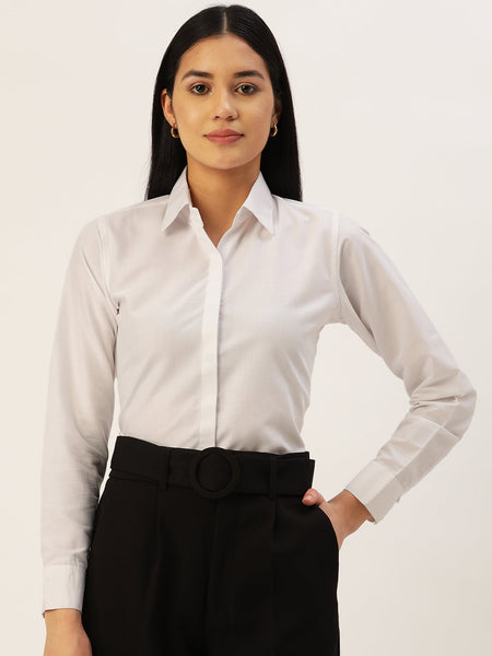 Jainish Women's White Solid Shirt Style Top