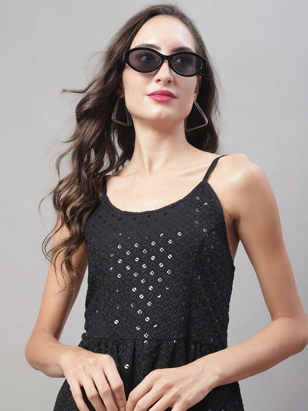 Jainish Women's WoChikankari Sequen Work Empire Top - Black