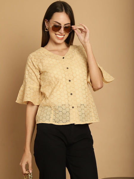 Indian Needle Women's Embroidered Cotton V-Neck Top - Beige