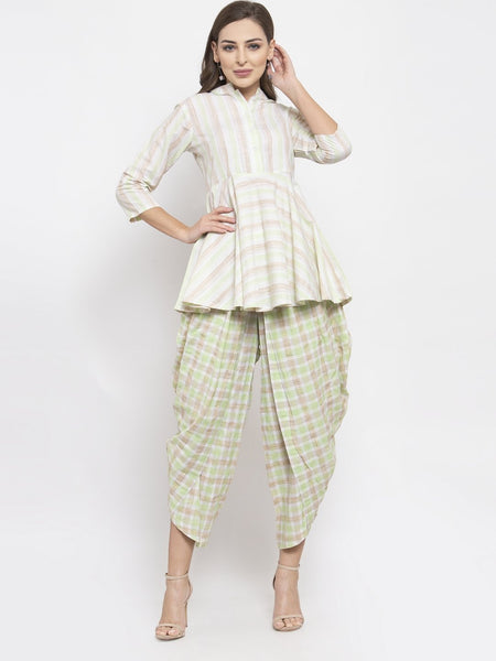 Jompers Women Green and White Striped Kurta with Dhoti Pants