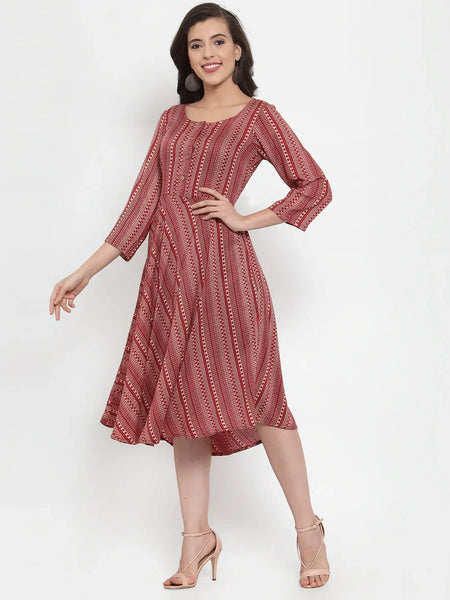 Jompers Women's Maroon Printed Fit and Flare Ethnic Dress