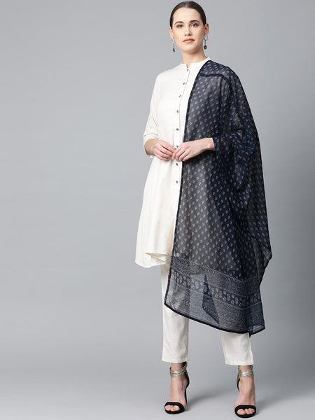 Jompers Women Off-White & Navy Blue Solid Kurta with Trousers & Dupatta