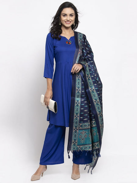 Jompers Women Royal-Blue Solid Kurta with Palazzos & Blue Art-Silk Printed Dupatta